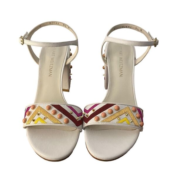 Stuart Weitzman White Studded Embroidered City Sandals Size 8.5 - Picture 5 of 8